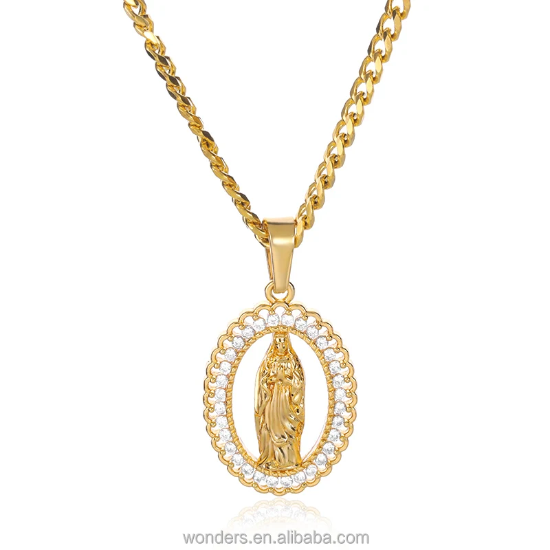 

18K Gold Plated Women Men Christian Jewelry Cross Faith Medal Pendant Necklace Virgin Mary CZ Crystal Pendant Cuban Chain