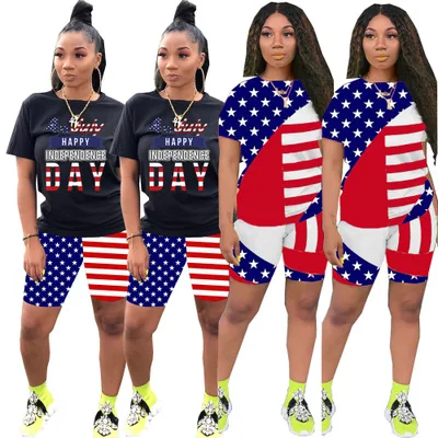 

F21340A 2021 hot sale independence day National Day printed casual fashion short-sleeved women two-piece set, Blue,black