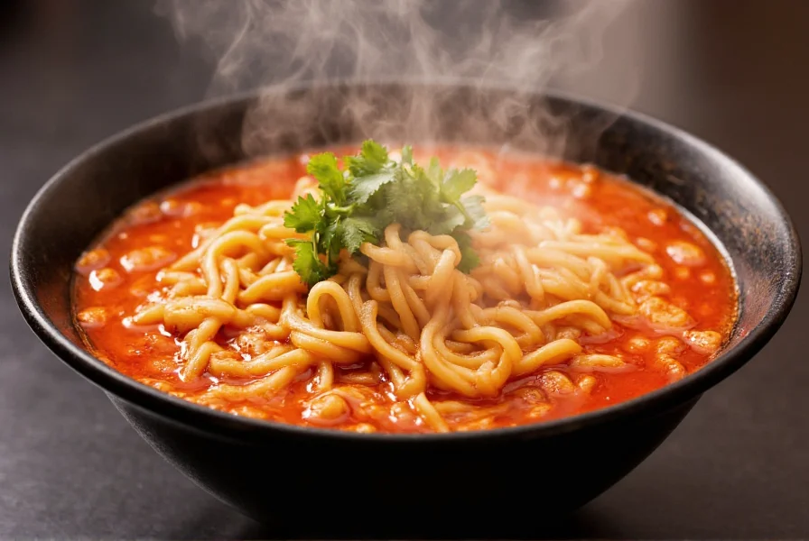 Close-up of Maruchan Chili Ramen in a bowl with steam rising, showing the vibrant red broth and perfectly separated noodles