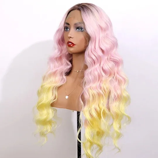 

High Density Ombre Pink Yellow Synthetic Lace Wig Long Straight Front Lace Wig Soft High-quality Halloween Wig For Pretty Girl