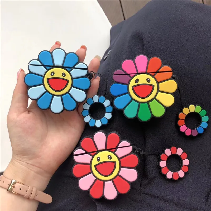 

Cartoon Series Sunflower Silicone Cover Earphone Case With Keychain Shockproof Silicone Case Protect Earphone for Airpods case