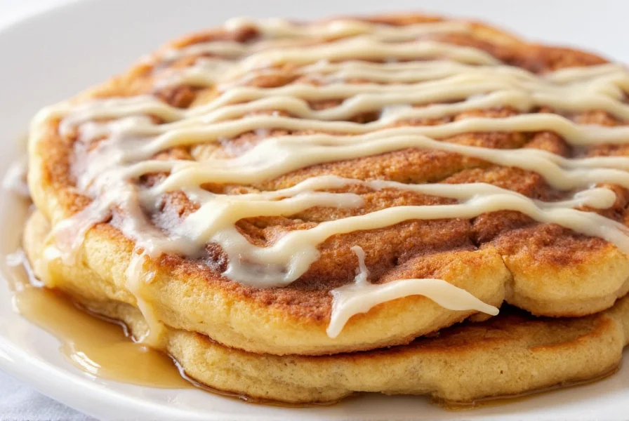 Perfectly swirled cinnamon roll pancakes with cream cheese icing drizzled on top, golden brown edges, served on a white plate with maple syrup