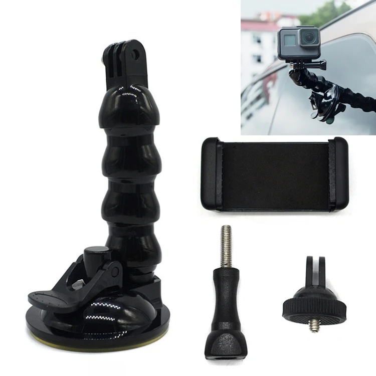 

Dropshipping Hose Snake Arm Car Sucker Four-section Universal Suction Cup with Phone Clip for GoPro, Xiaoayi, AKASO