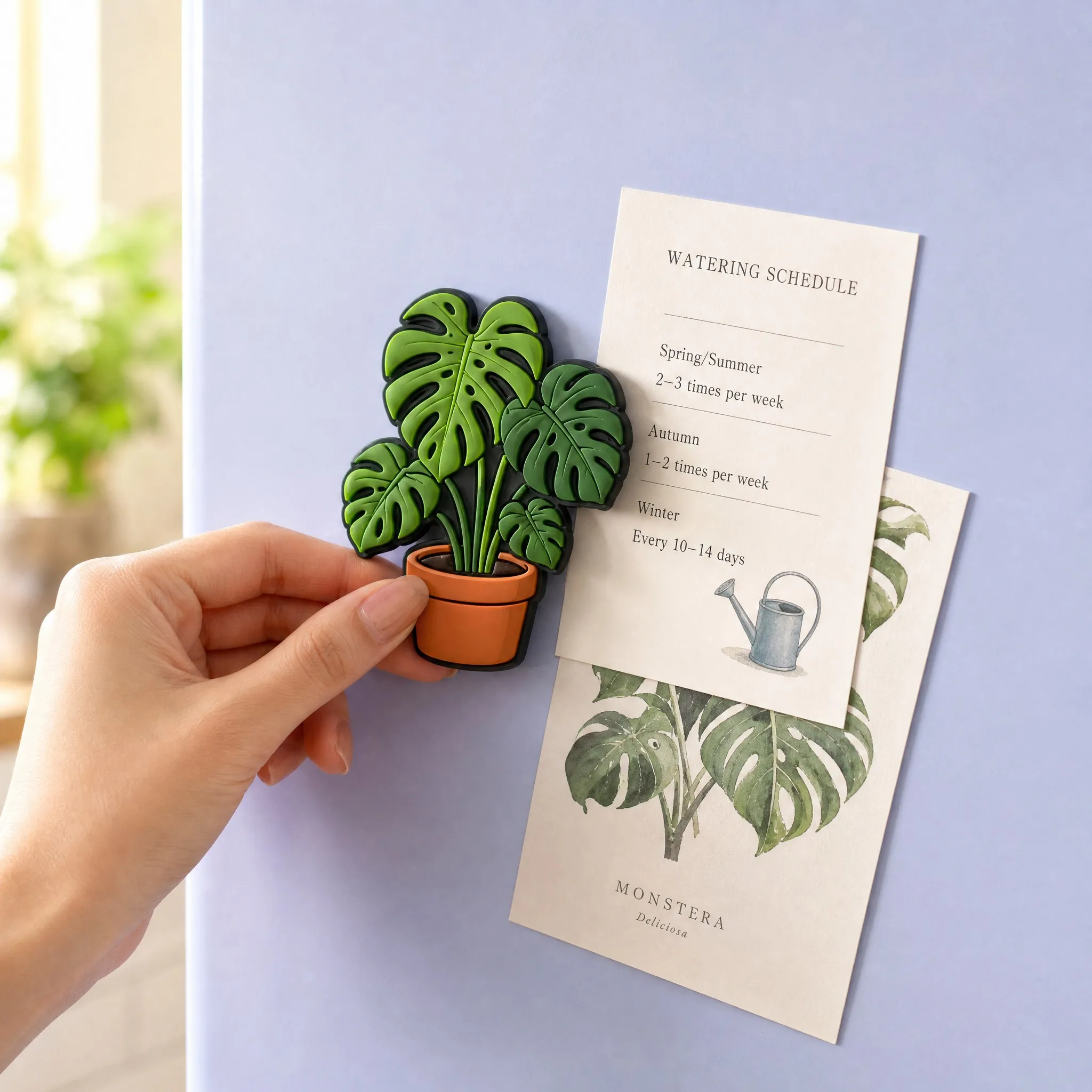 Botanical Potted Plant Magnet in Kitchen Lifestyle Scene Holding Plant Watering Schedule Card