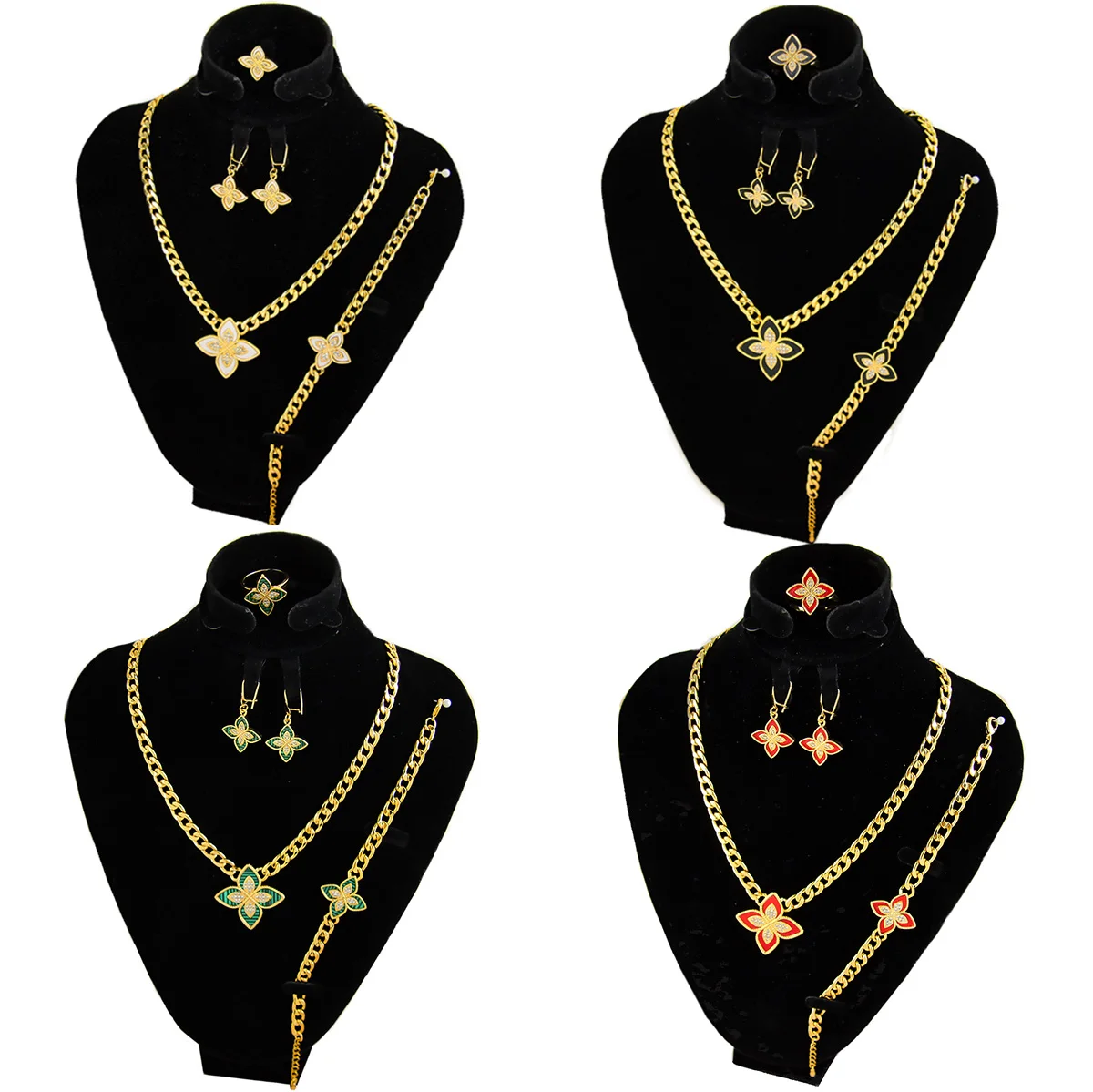 

Latest Design Four Leaf Clover Necklace 4pcs Cubic Zirconia Gold Jewelry Sets Women