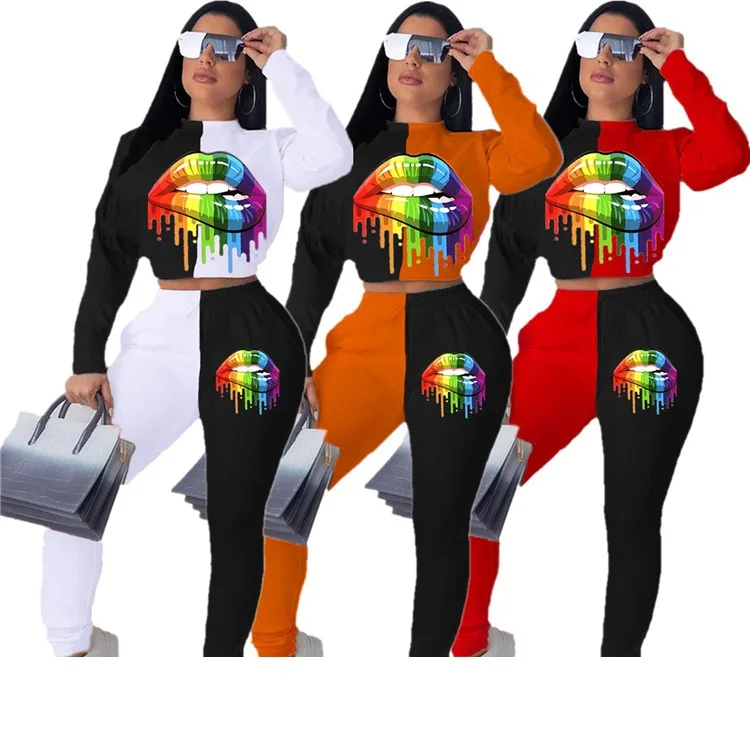 

MD-2021011924 Fashion Casual Stitching Long Sleeve Tops And Pants Matching Plus Size Spring Women Two Piece Set, Picture