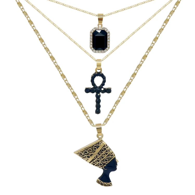 

Black cross egyptian queen nefertiti head diamond rhinestone layered pendant necklaces women