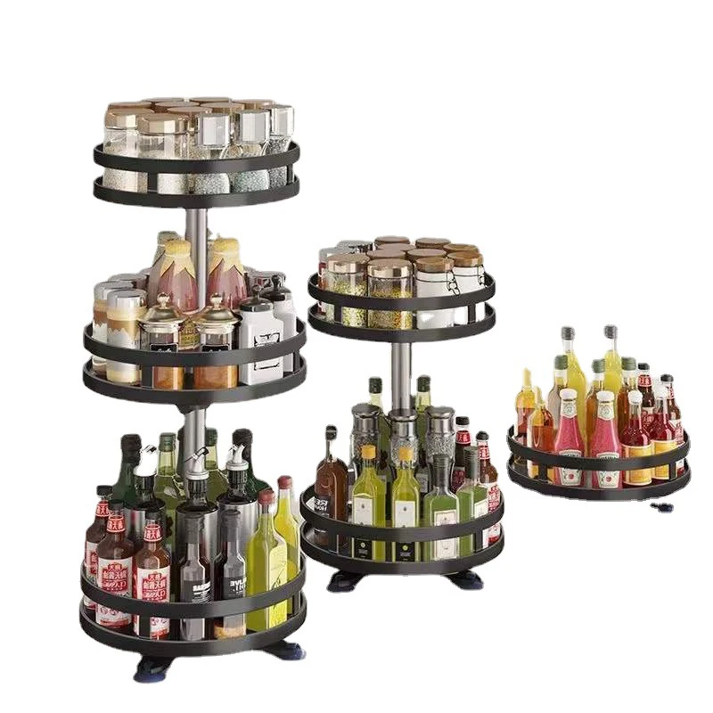 

Kitchen spice storage rack organizer desktop no punching home multi-layer round rotating spice bottle shelf storage