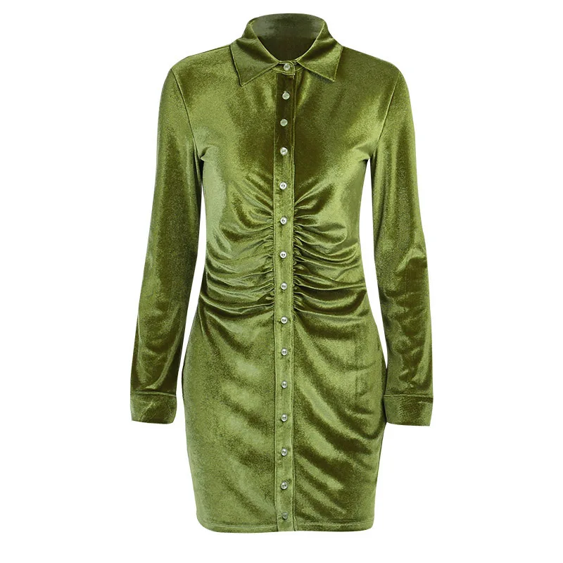 

Hot Selling Women's Fashion Shirt Dresses Button Pleated Slim Long-sleeved Casual Elegant Dress for Ladies, 3 colors