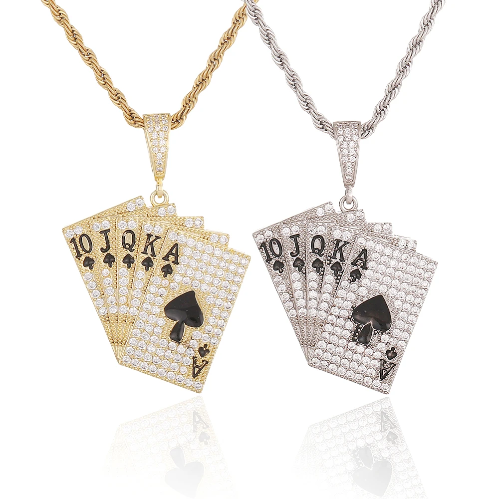 

Manufacturers Wholesale Hip-hop Gold Filled Iced Out Poker Card Pendant Necklace Jewelry, Gold/silver