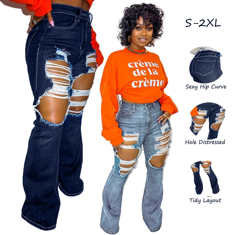 

Wholesale Ripped Denim Elastic High Waist Flare Bell Bottom Women Jeans
