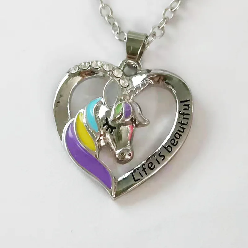 

Wholesale colorful rainbow unicorn heart-shaped cartoon animal necklace pendant