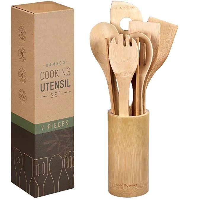 

hot sale on amazon 7Piece Bamboo Utensil Set Nonstick Kitchen Utensils Set, Natural color