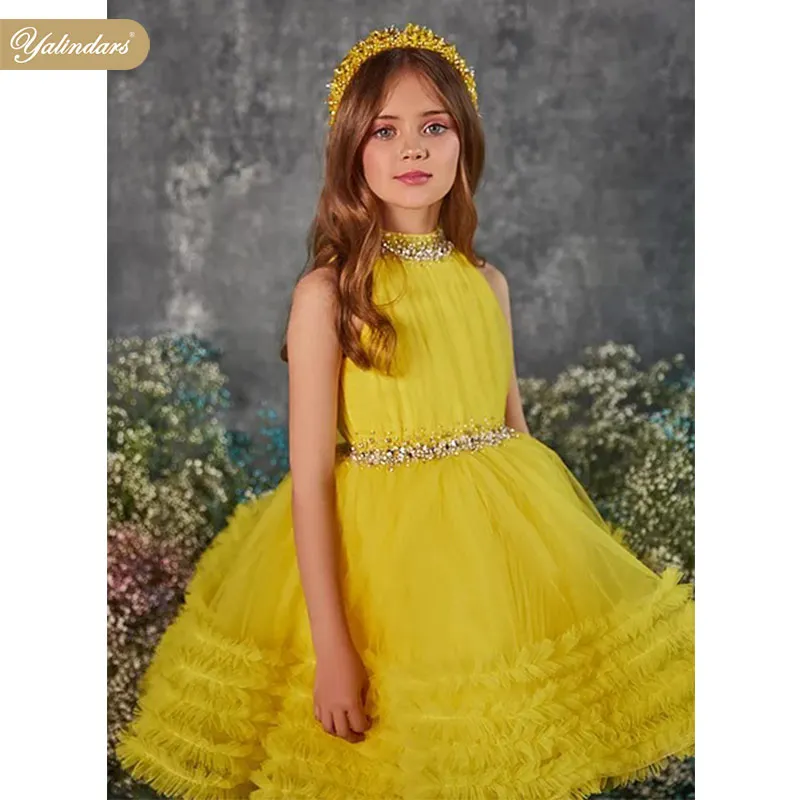 

Amazon supply special occasions princess kids wedding gowns party performance formal sleeveless pleated tulle girls dresses