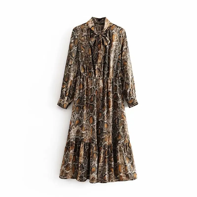 

WIIPU women snake print midi dress long sleeve 2019 autumn winter vintage bow tie lady female dress, Pictures