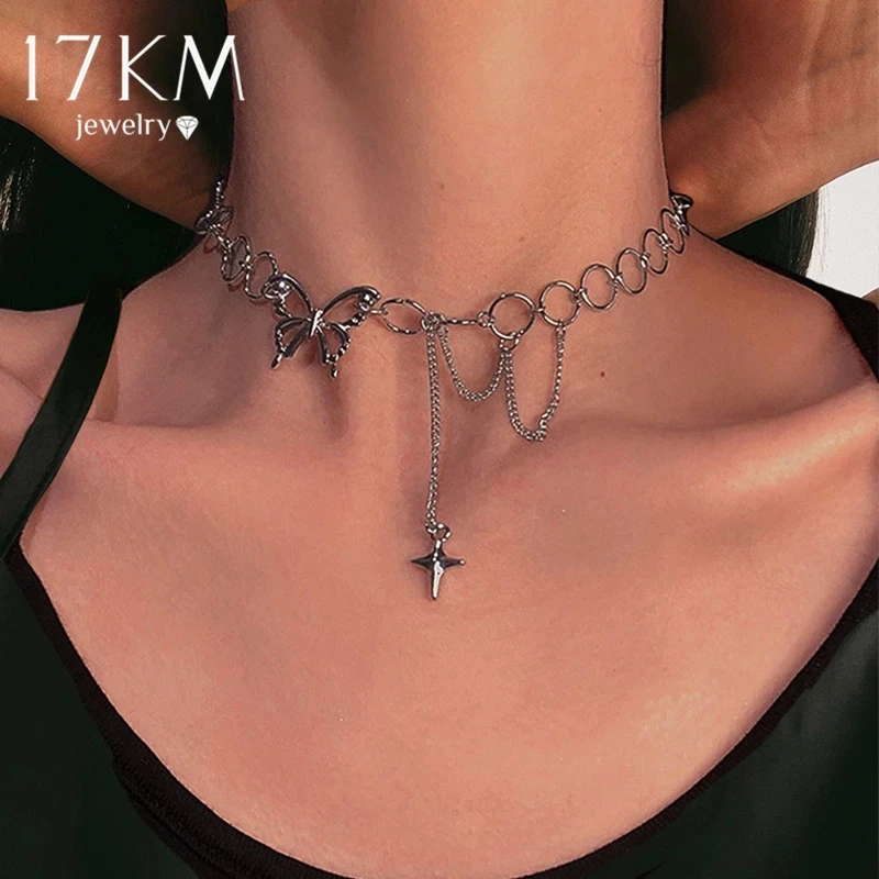 

Trendy Butterfly Choker Chain Necklace Girls Fashion Cute Silver Color Star Tassel Necklaces for Women, Gold