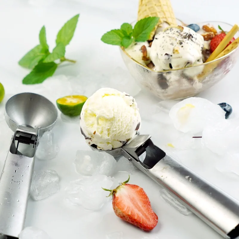 

Hot Selling Premium Multifunction Stainless Steel Ice Cream Scoop Spoons With Easy Trigger And Comfort Grip Handle, Silver