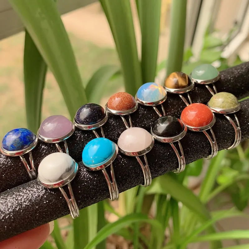 

12mm Healing Natural Stone Crystal Rings Round Open Adjustable Amethysts Lapis Pink Quartz Women Ring Party Wedding Jewelry