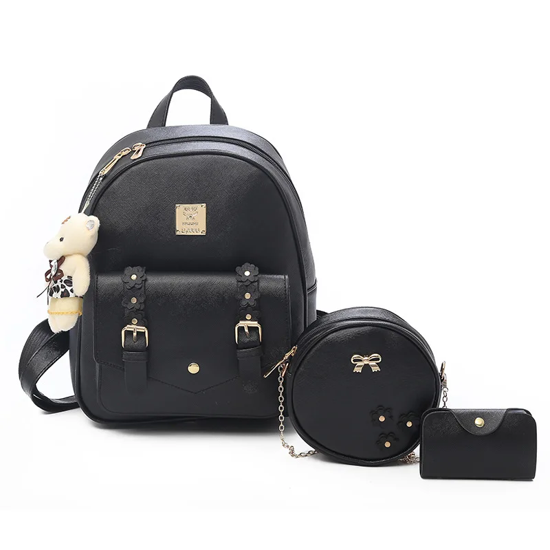 

Beautiful Flower Printing Bear Pendant Three-Piece Set Women Backpack, Black/white/pink