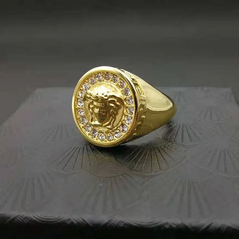 

New gold plated hip hop design cz diamonds greek medusa ring titanium steel mens gold rings, Gold color