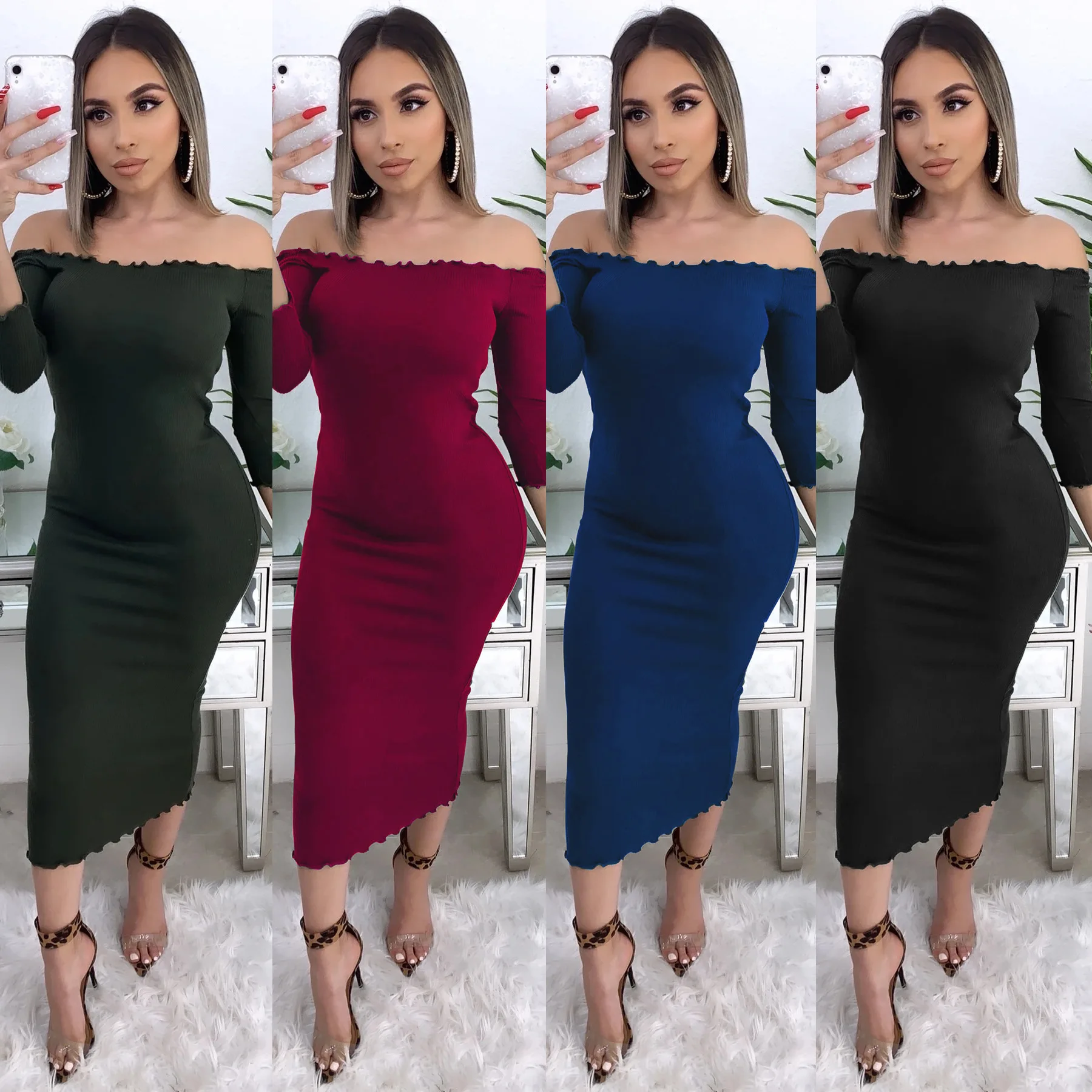 

XY-X3597 MIYU 2021 hot sale solid color off shoulder long maxi sexy bodycon women dress