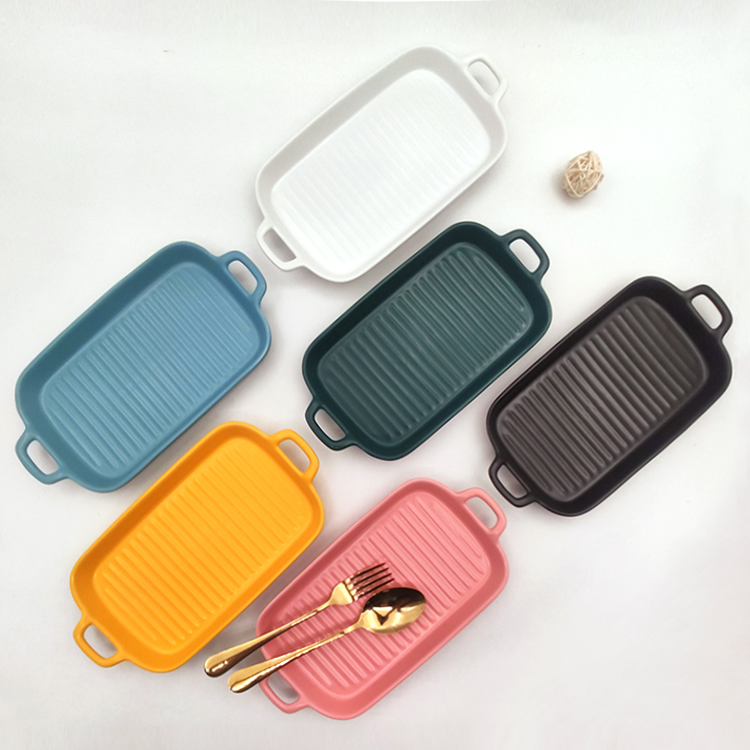 

11.75 Inch Rectangular Bakeware with Double Handle Northern Europea Style kitchen baking bread cake plate cutlery, White/pink/green/yellow/blue/black