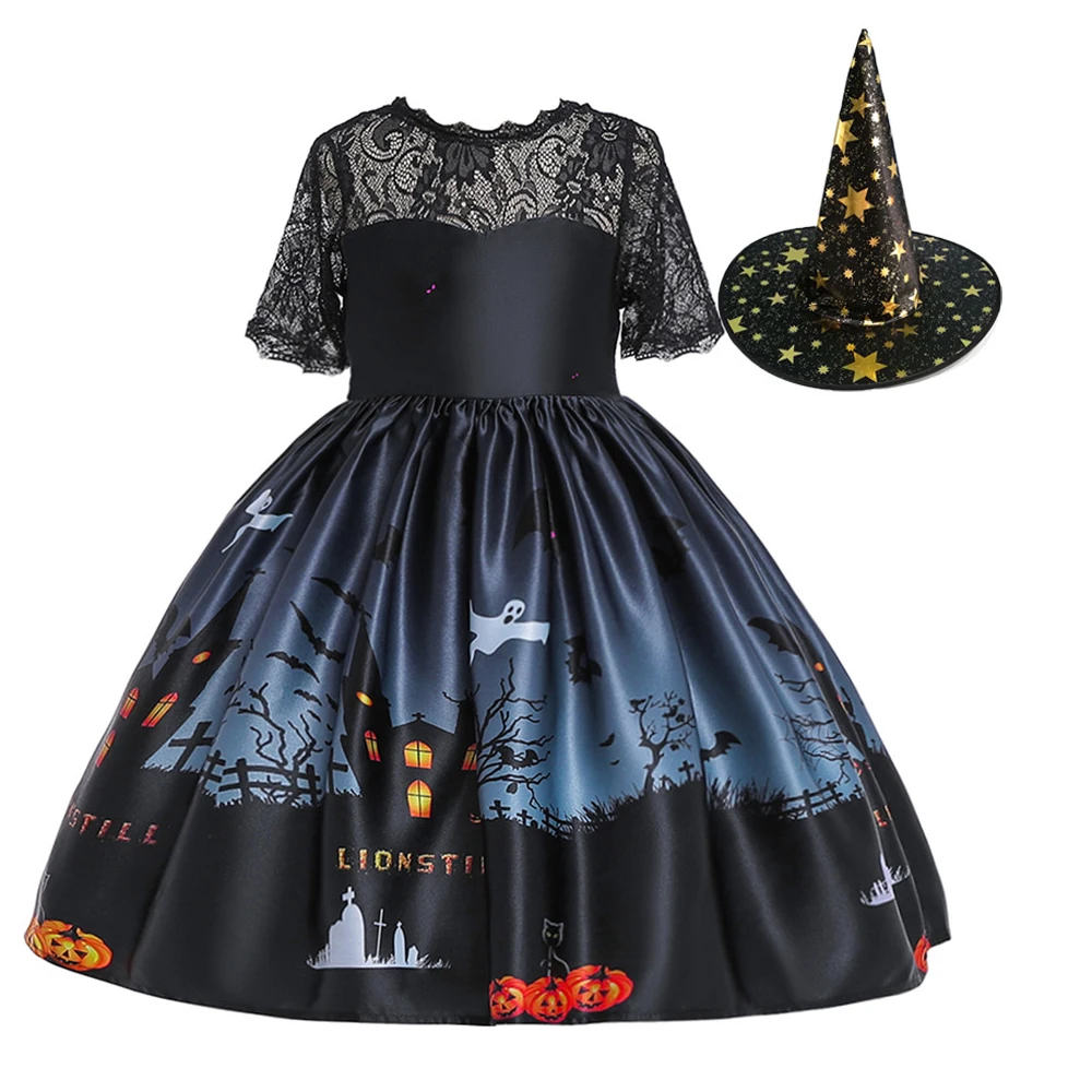 

Girls' Halloween princess dress lace tube top dress printed children's dress set