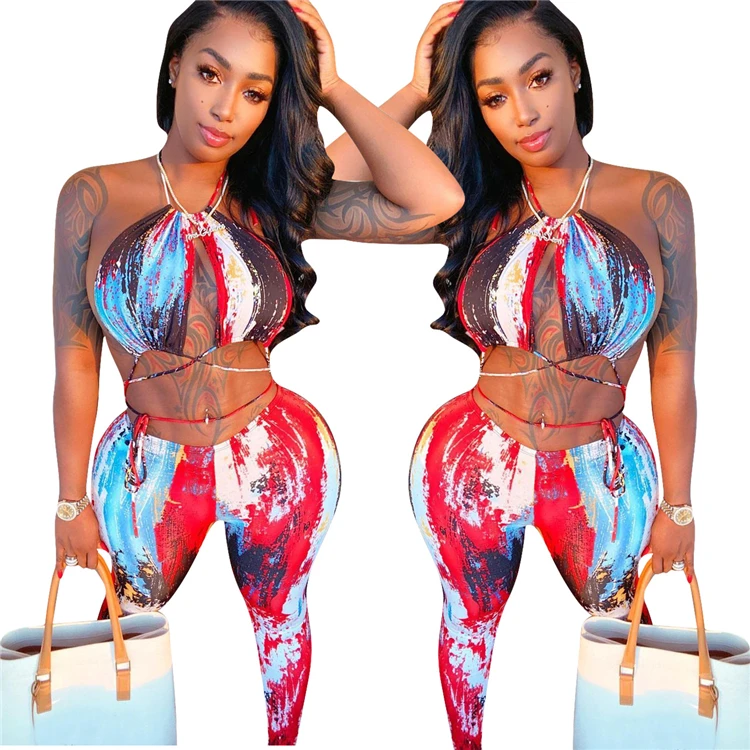 

DUODUOCOLOR Summer the new sexy neckline print two piece set halter top women printed pants set hot style in 2021 D97554