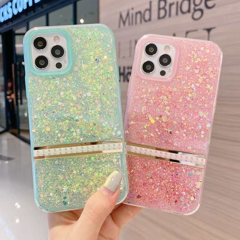 

New Design Bright 2 in 1 Shockproof Epoxy Girls Bling Glitter Phone Case For iPhone 13 12 11 Pro Max, Mix