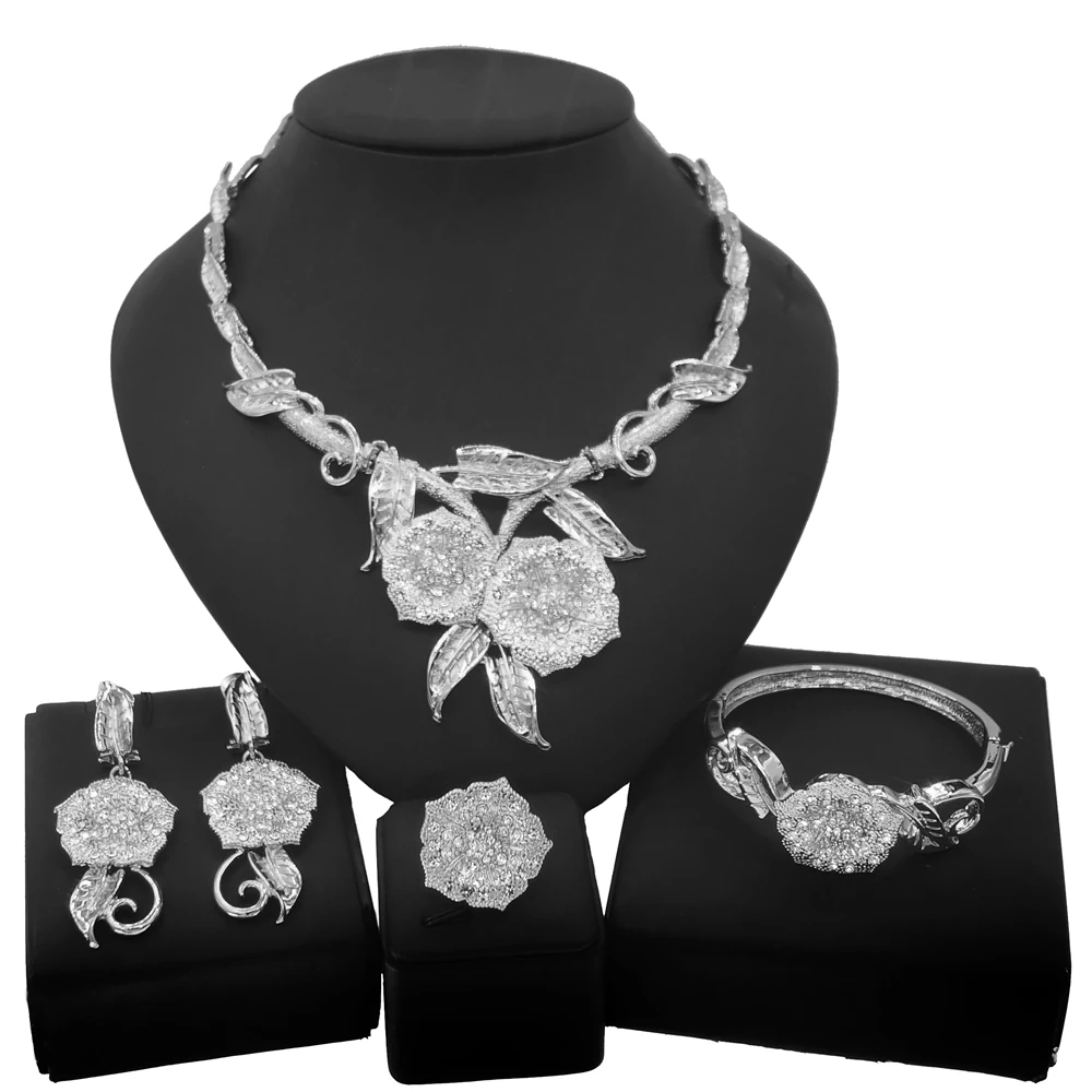 

Yulaili 2021 Silver Flower Shaped Jewelry Set and European Indian Fashion Woman Girls Prom Engagement Wear Jewelry Sets Gifts