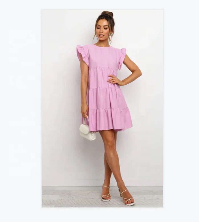 

Fall Dresses Loose Sexy Summer Autumn Vestido Corto Dress Short Sleeve Solid Color Round Neck Ruffle Dress