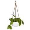 Ceramic Hanging Planter 7 Inch with 3 Ropes for Indoor or Outdoor Plants - White Unglazed Geometric Element Pot