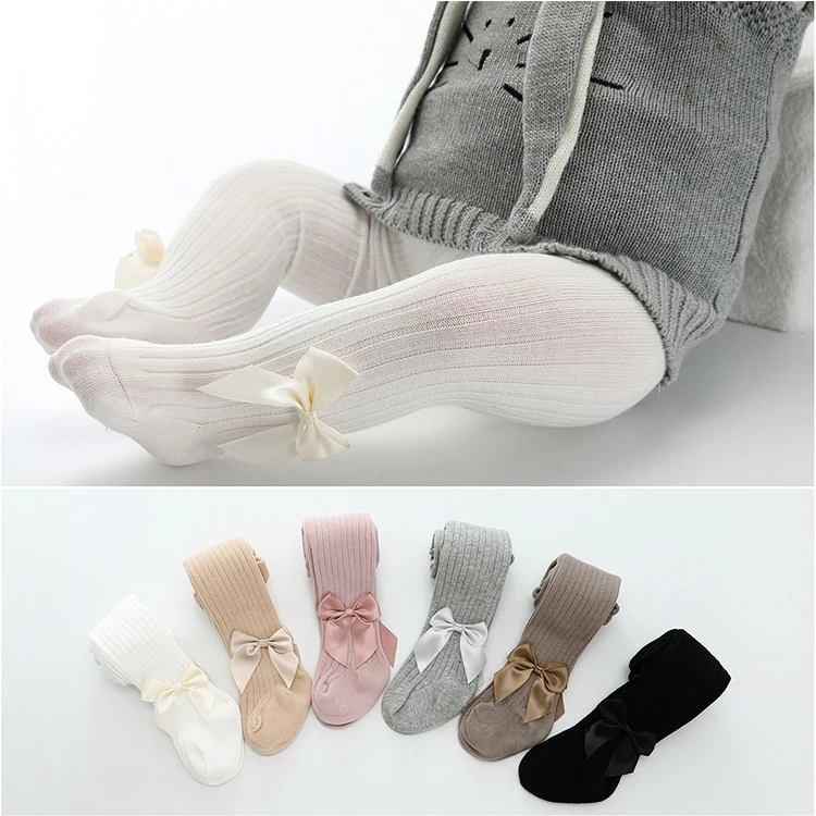 

High Quality Combed Cotton Bow Pink White Baby Girl Pantyhose Kids, Solid color as picture