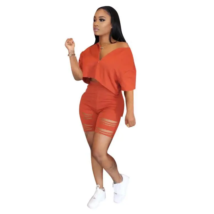 

Fashion Womens Clothing Crop Top Two Piece Shorts Set Clothes Short Sleeve 2 Piece Set, As picture