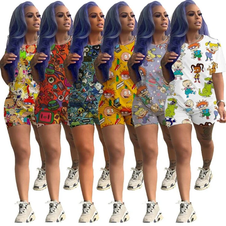 

Private Label 3XL Summer 2 Piece Jogger Set Women Casual Cute Cartoon Two Piece Short Set Clothing Fashion For Women