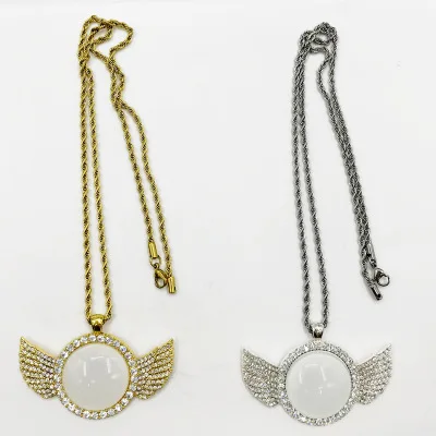 

Custom Crystal Gold/Silver Zinc Alloy Blank Sublimation Blanks Medallion Tag Angel Wing Pendant Necklace For Sublimation