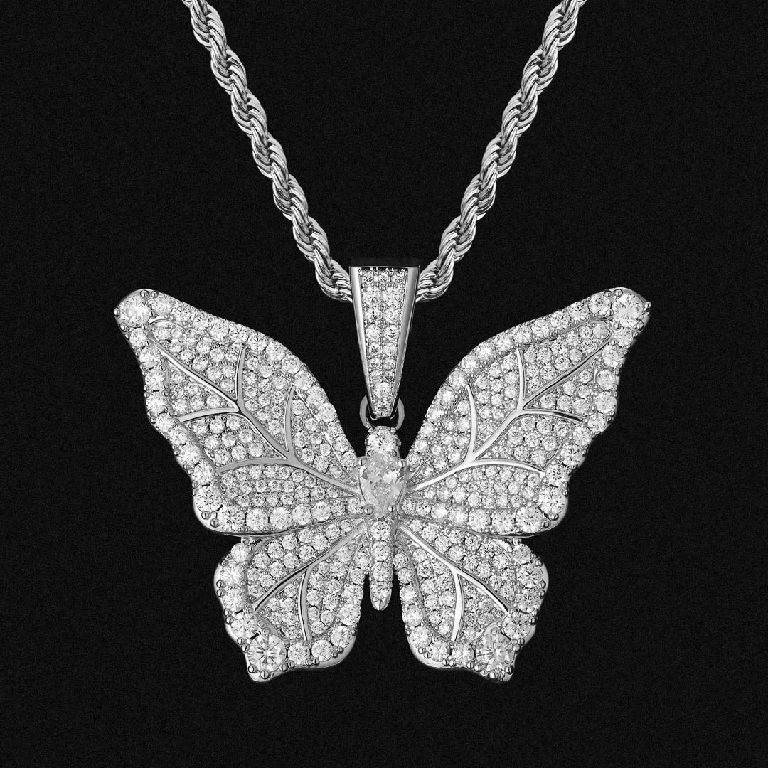 

KRKC Drop Shipping 1pcs Service Silver White 14k Gold plated Iced Out 5A CZ Diamond Crystal Butterfly Pendant Necklaces Jewelry