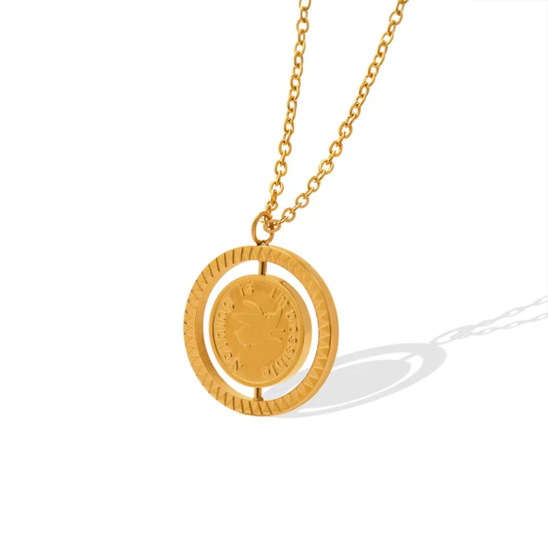 

Ins 18k Gold Plated Female Circle Clavicle Chain Jewelry Stainless Steel Rotatable Round Pendant Necklace For Girl