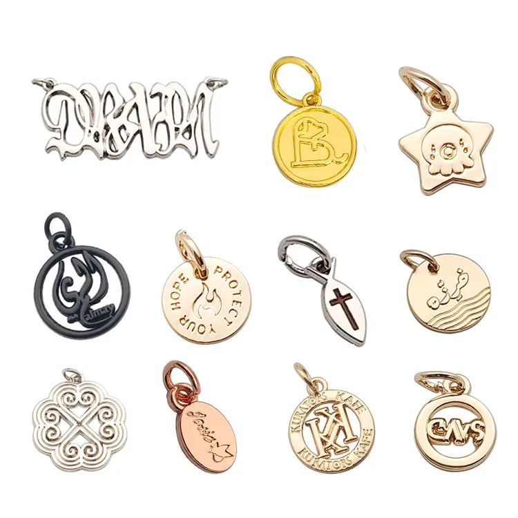 

2023 Custom made logo engraved gold pendant metal jewelry tags charms for necklace bracelet