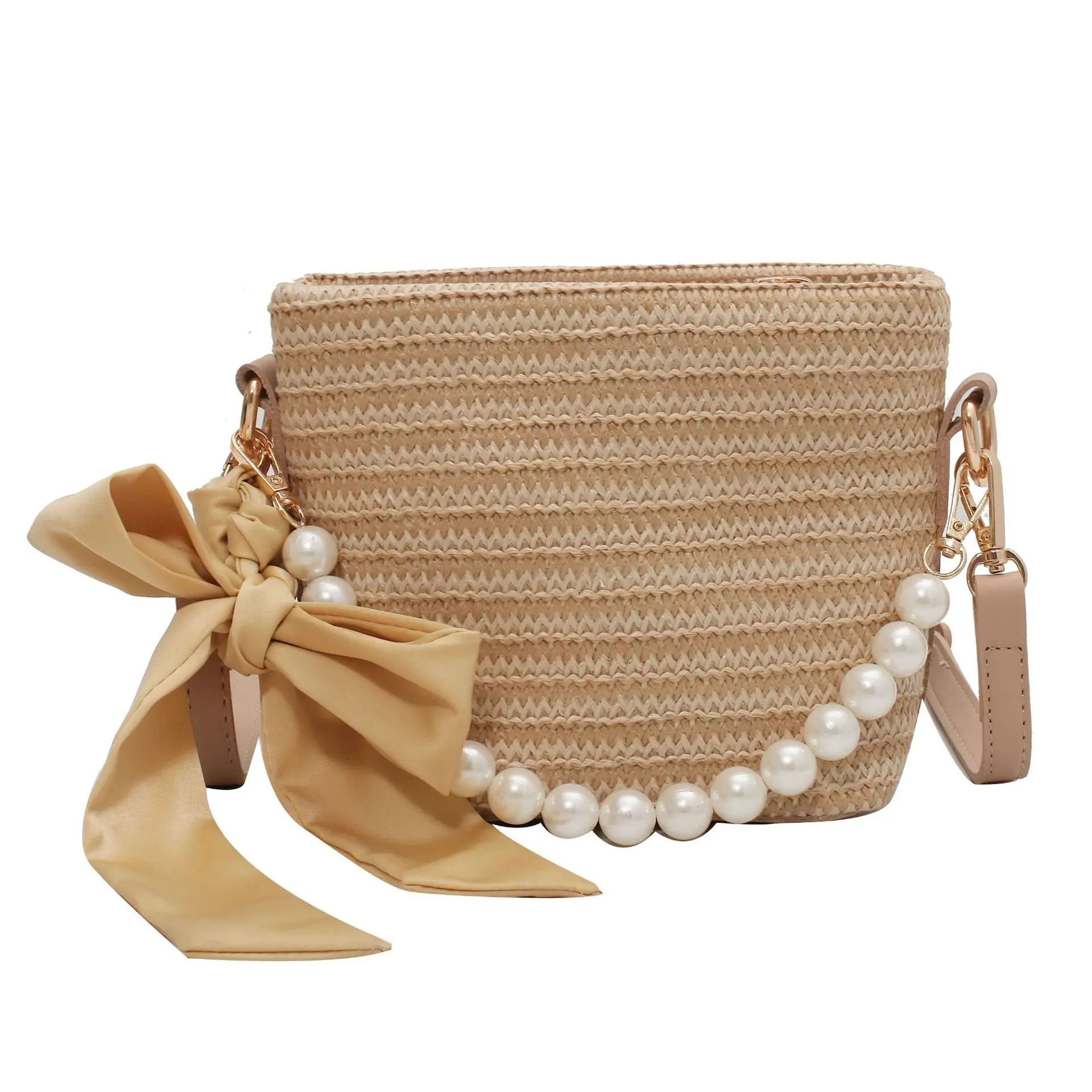 

summer cute mini purse ladies shoulder bag with silk scarves pearl accesories bucket bag straw handbags women, White/khaki