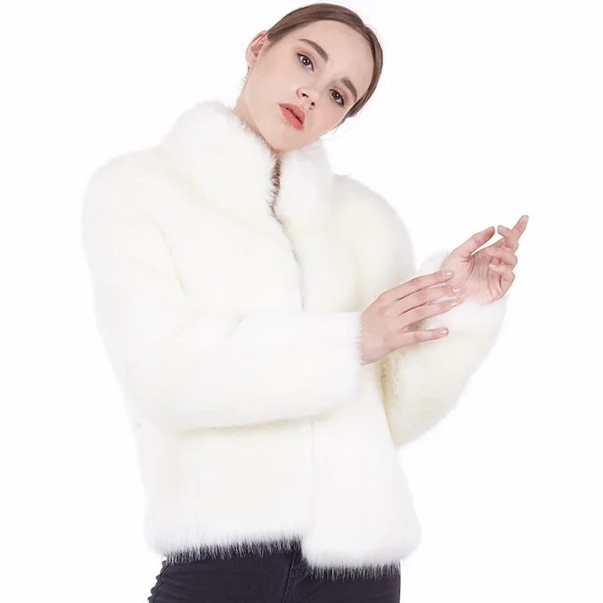 

New arrivals 2020 luxury elegant ivory white mandarin collar Women Winter Faux Fur jacket short coat