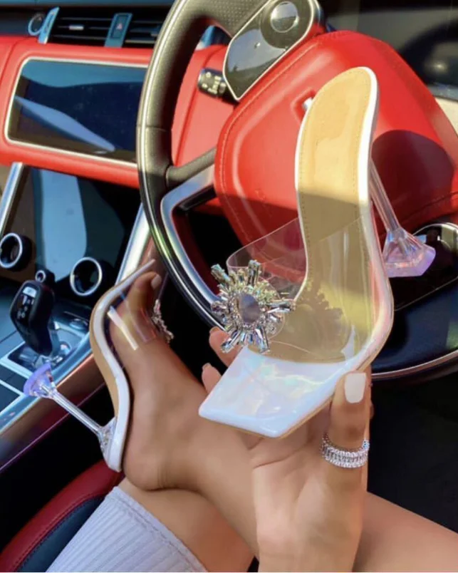 

100777 DEleventh Fashion brand Mules High Heels Slipper Shoes Woman Summer Crystal Diamond Transparent Square toe Sandals silver