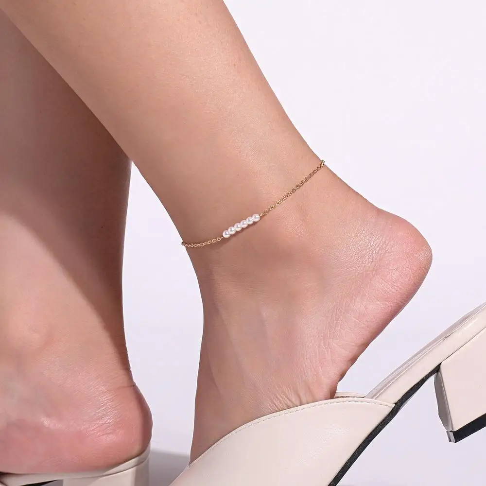 

New 2021 Factory Direct Sale Simple Design Women Adjustable Size Imitation Barefoot Anklet White Pearl Chain Ankles, Customized color