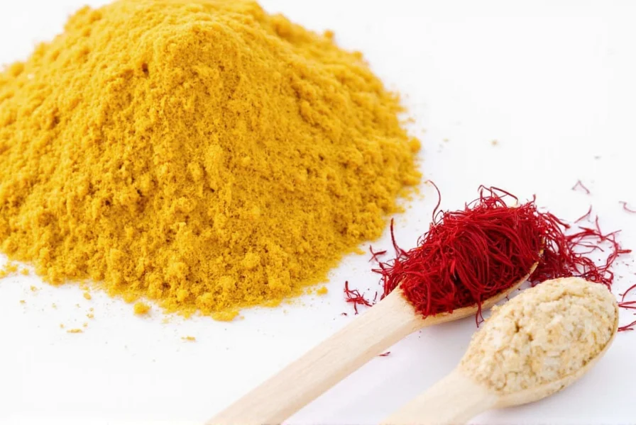Turmeric powder next to saffron threads showing color comparison for cooking substitutes