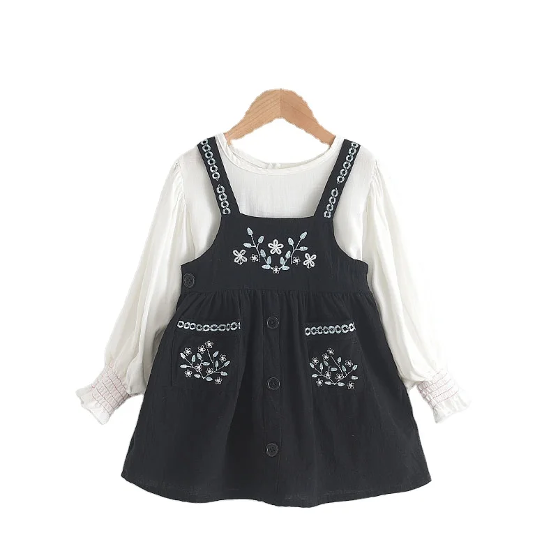 

New Fashion Spring Baby Suspender Skirt Embroidery Flower Dresses Kids Long Sleeve Sweet Girl Children Wholesale Clothing