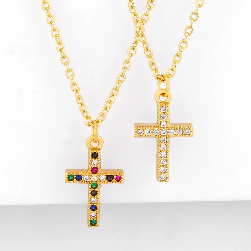 

Classic Design Christian 18k Gold Plated Cubic Zircon CZ Micro Paved Rhinestone Cross Pendant Necklace, Gold plating