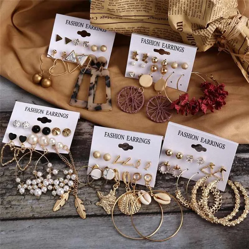 

Fashion Jewelry Boho Shell Acrylic Drop Earrings Gold Rattan Dangle Earring Set Boucle For Women girl, Gold plated