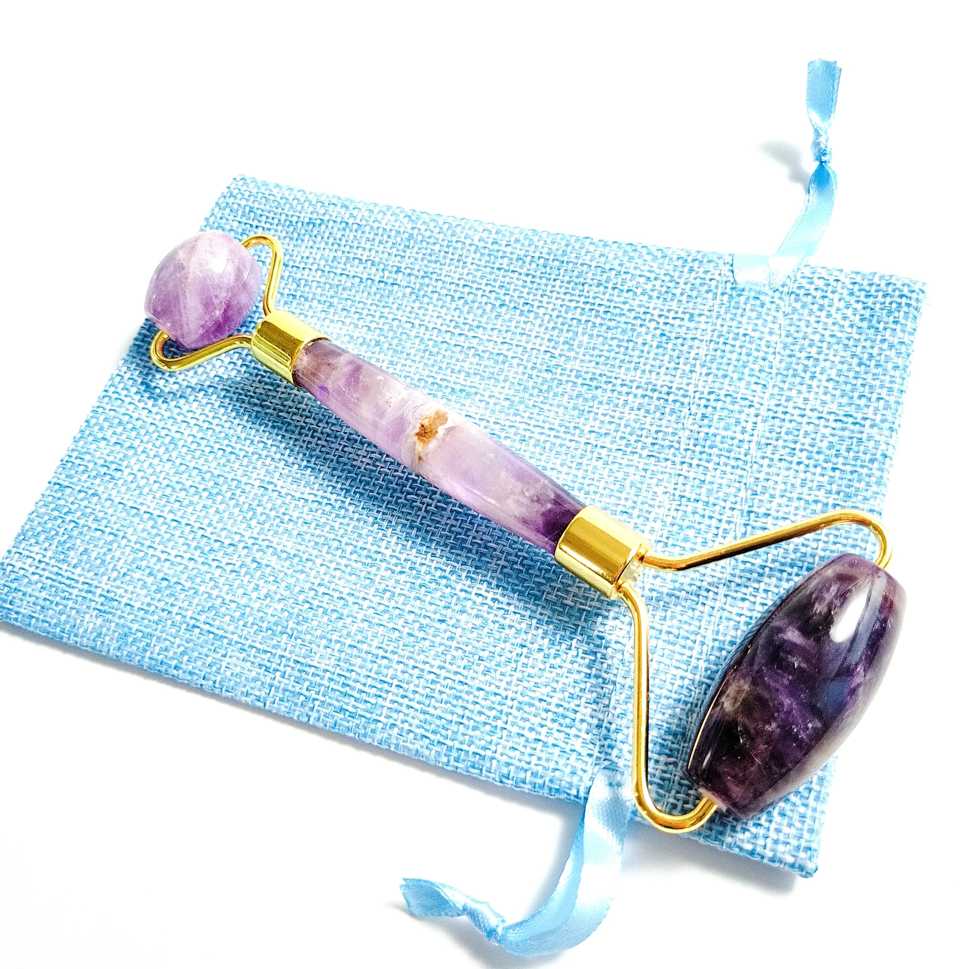 

Face Facial Roller Massager + Gua Sha Board Set 100% Natural Amethyst Jade Stone Crystal.