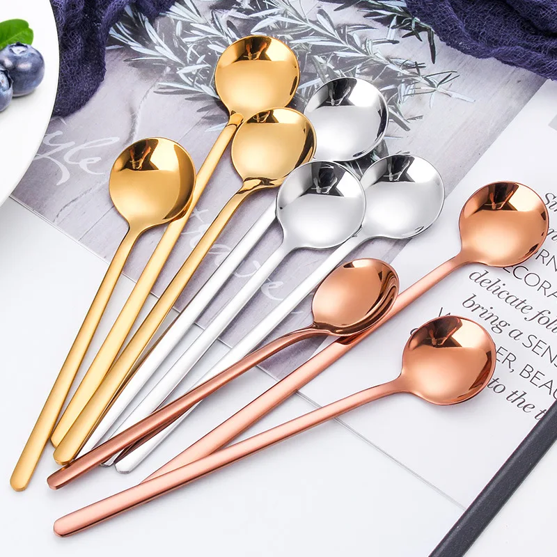 

Amazon High Quality Small Metal Silverware Brass Gold Stainless Steel Plated Black Camping Long Handles Tea Dessert Coffee Spoon, Rose gold/gold/silver/black