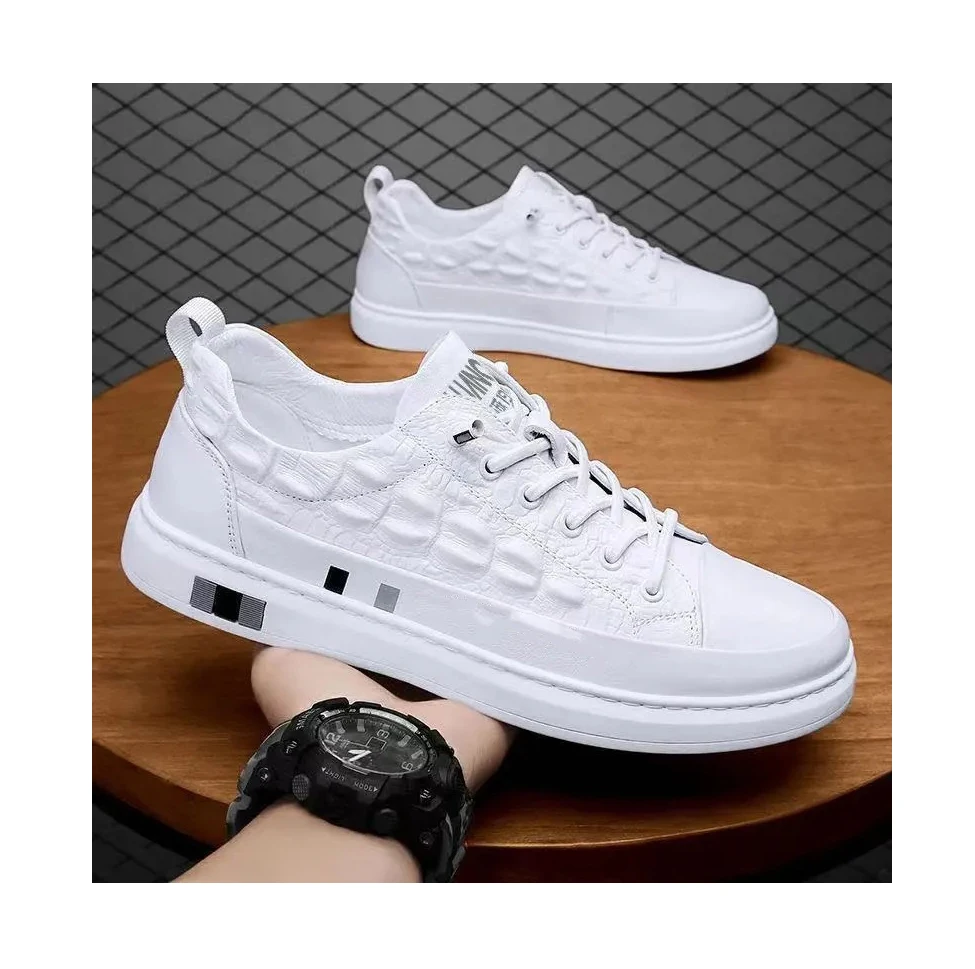 New comfortable low top sneaker crocodile leather top white shoes breathable men's sport swear shoes
